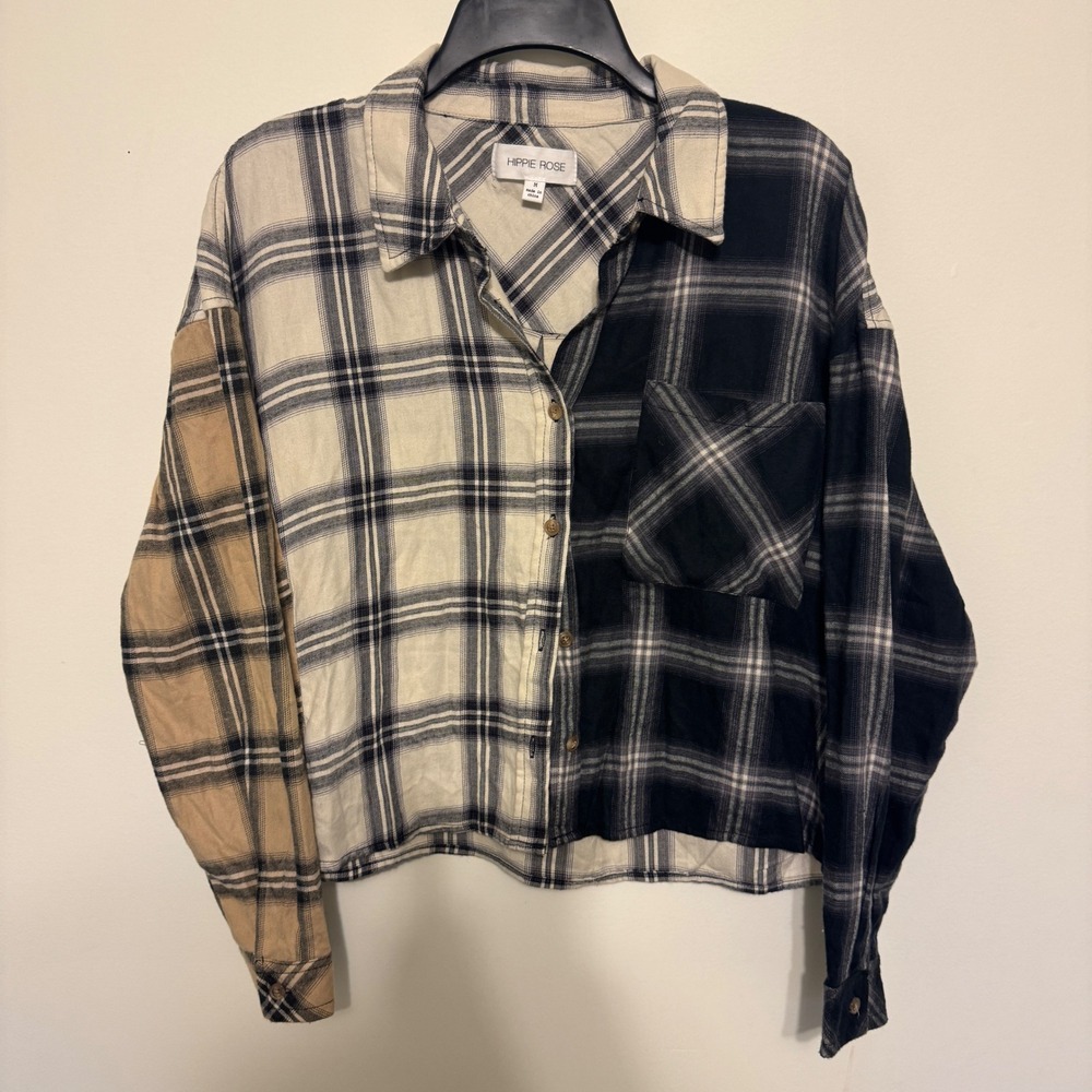 Hippie Rose Colorblock Plaid Button-Down Shirt in Black, Cream & Tan